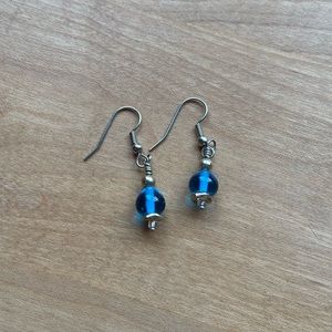 STERLING SILVER DANGLY EARRINGS WITH BLUE GLASS BEADS